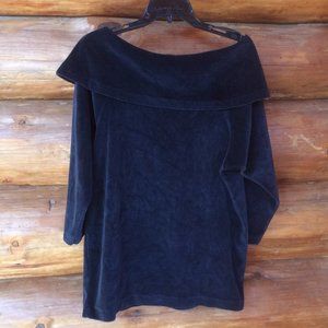 Vintage Dark Blue Velvet Bardot Fold Over Retro Festive Top Size Medium*